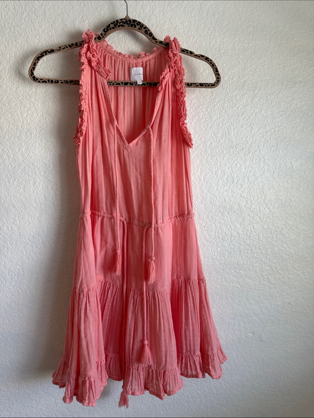 sundays Coral Pink Ruffle Strap Tiered Mini Dress